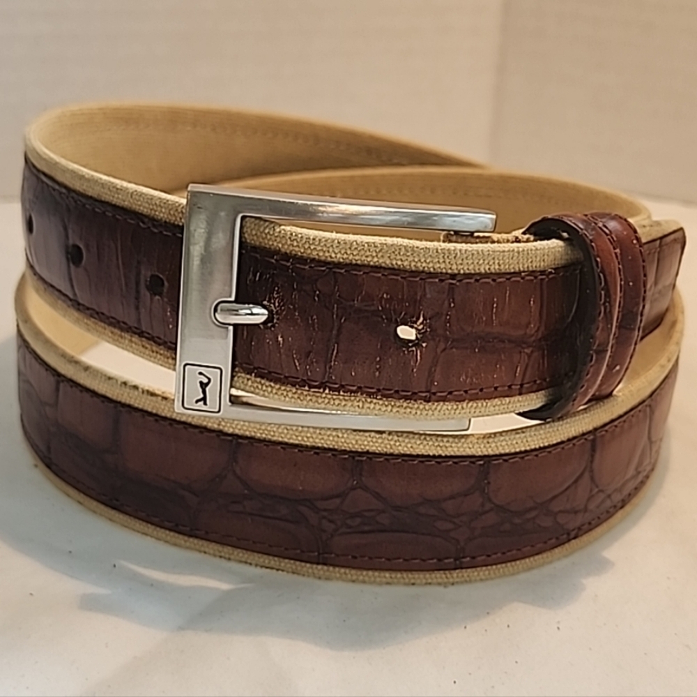 Vtg PGA Tour Golf Brown Croc Leather Belt Canvas  Mens 36 Silver Golfer Buckle